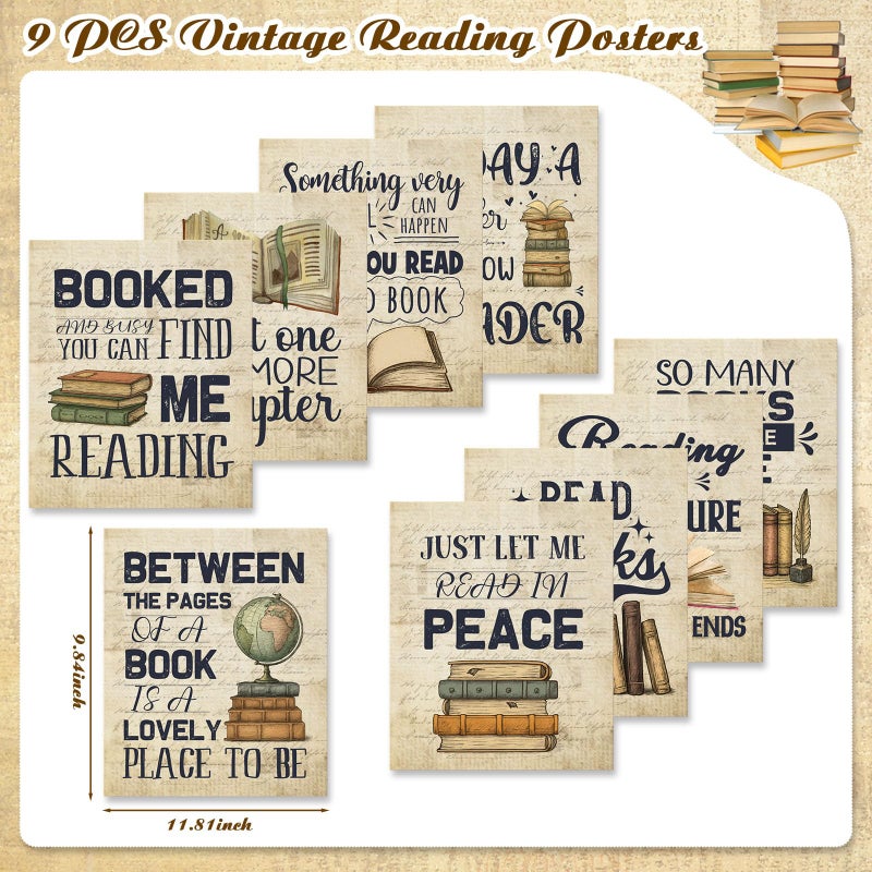 Pajean 9 Pcs Vintage Reading Posters for Library Reading Comprehension Posters Classroom Chalkboard Decor Book Bulletin Board Set Library Corner Wall Art for Elementary Middle High School Decorations - Image 3